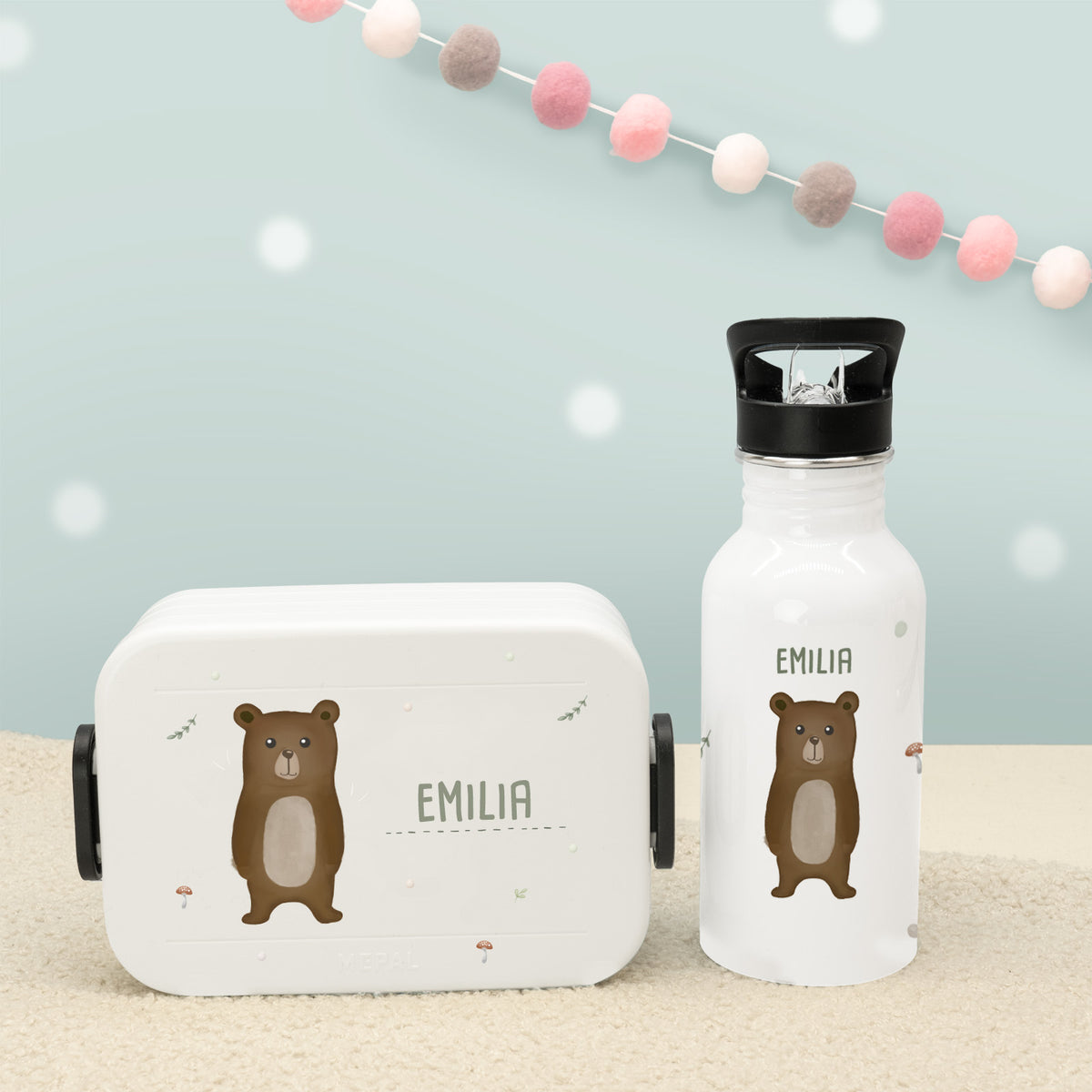 Set Personalisierte Mepal-Lunchbox & Trinkflasche mit Trinkhalm "Bär"