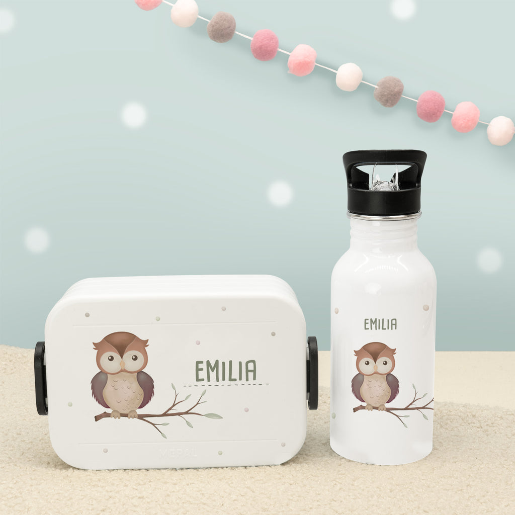 Set Personalisierte Mepal-Lunchbox & Trinkflasche mit Trinkhalm "Eule"