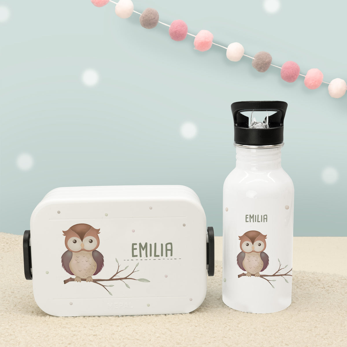 Set Personalisierte Mepal-Lunchbox & Trinkflasche mit Trinkhalm "Eule"
