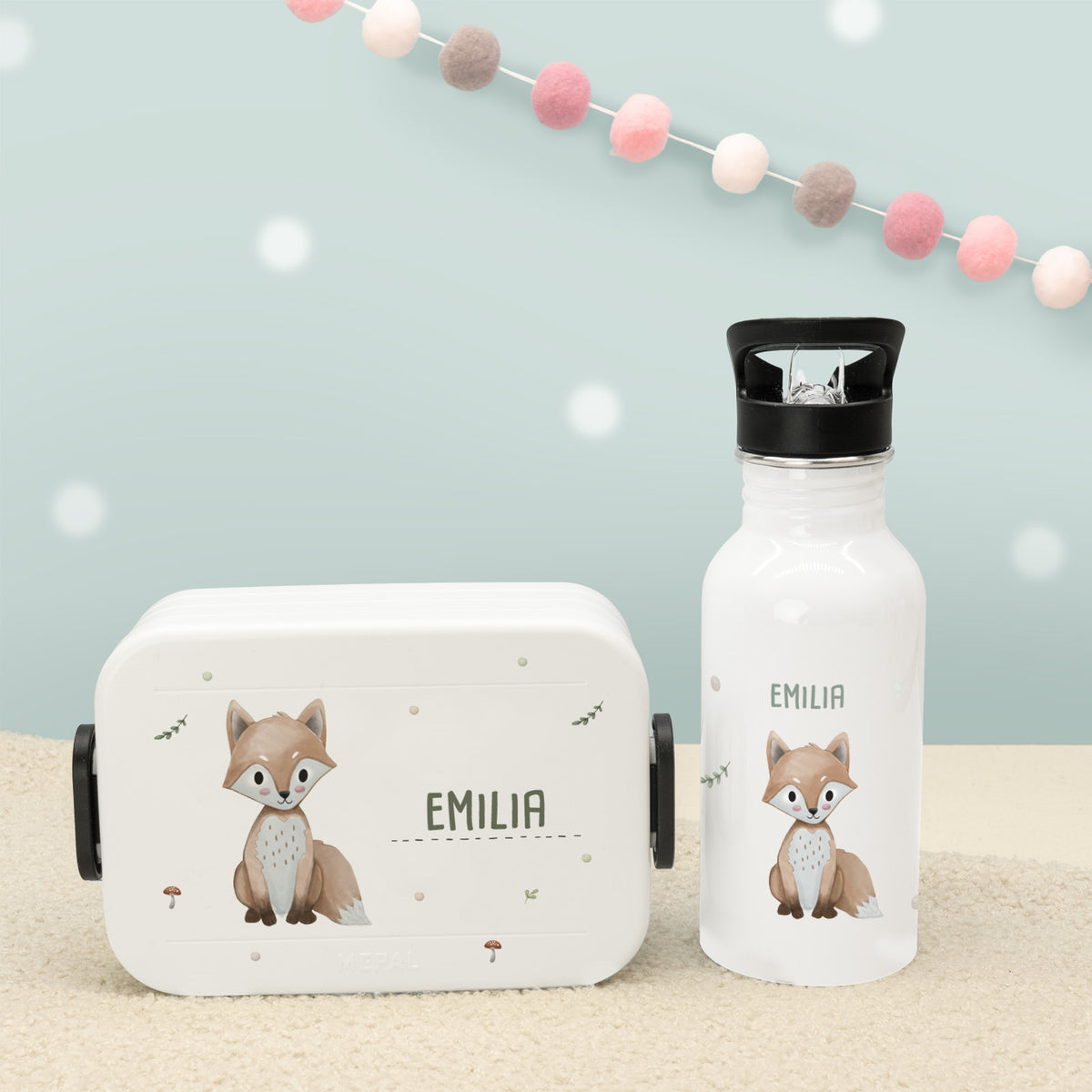 Set Personalisierte Mepal-Lunchbox & Trinkflasche mit Trinkhalm "Fuchs"