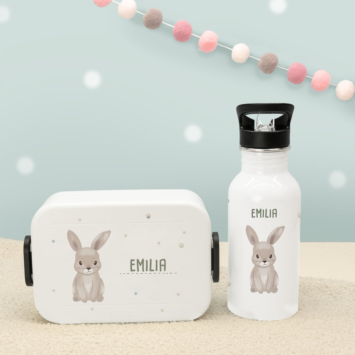 Set Personalisierte Mepal-Lunchbox & Trinkflasche mit Trinkhalm "Hase"