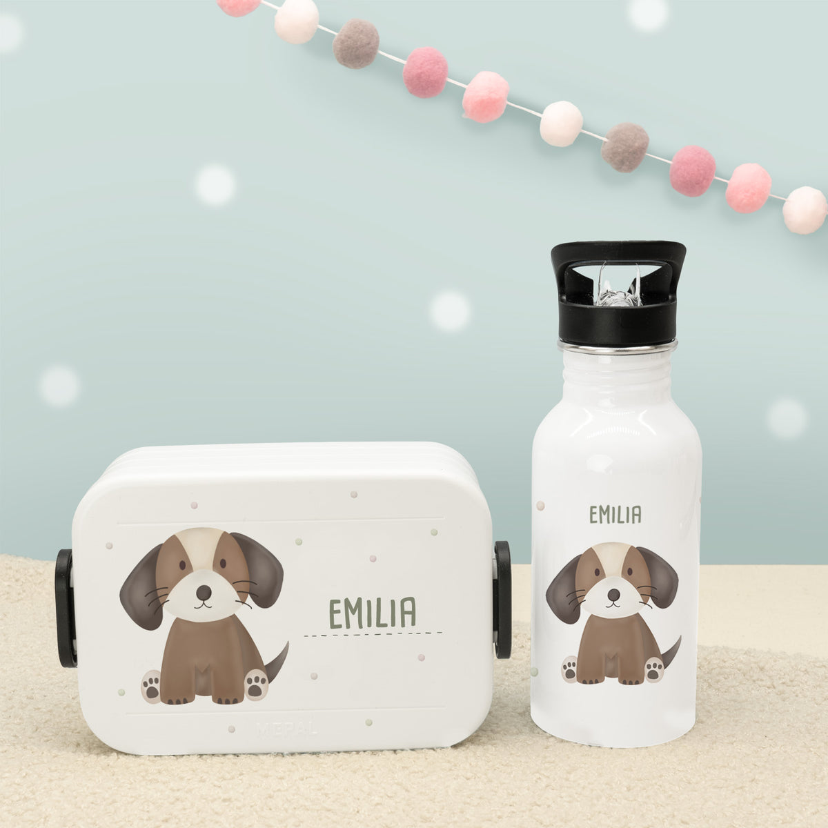 Set Personalisierte Mepal-Lunchbox & Trinkflasche mit Trinkhalm "Hund"