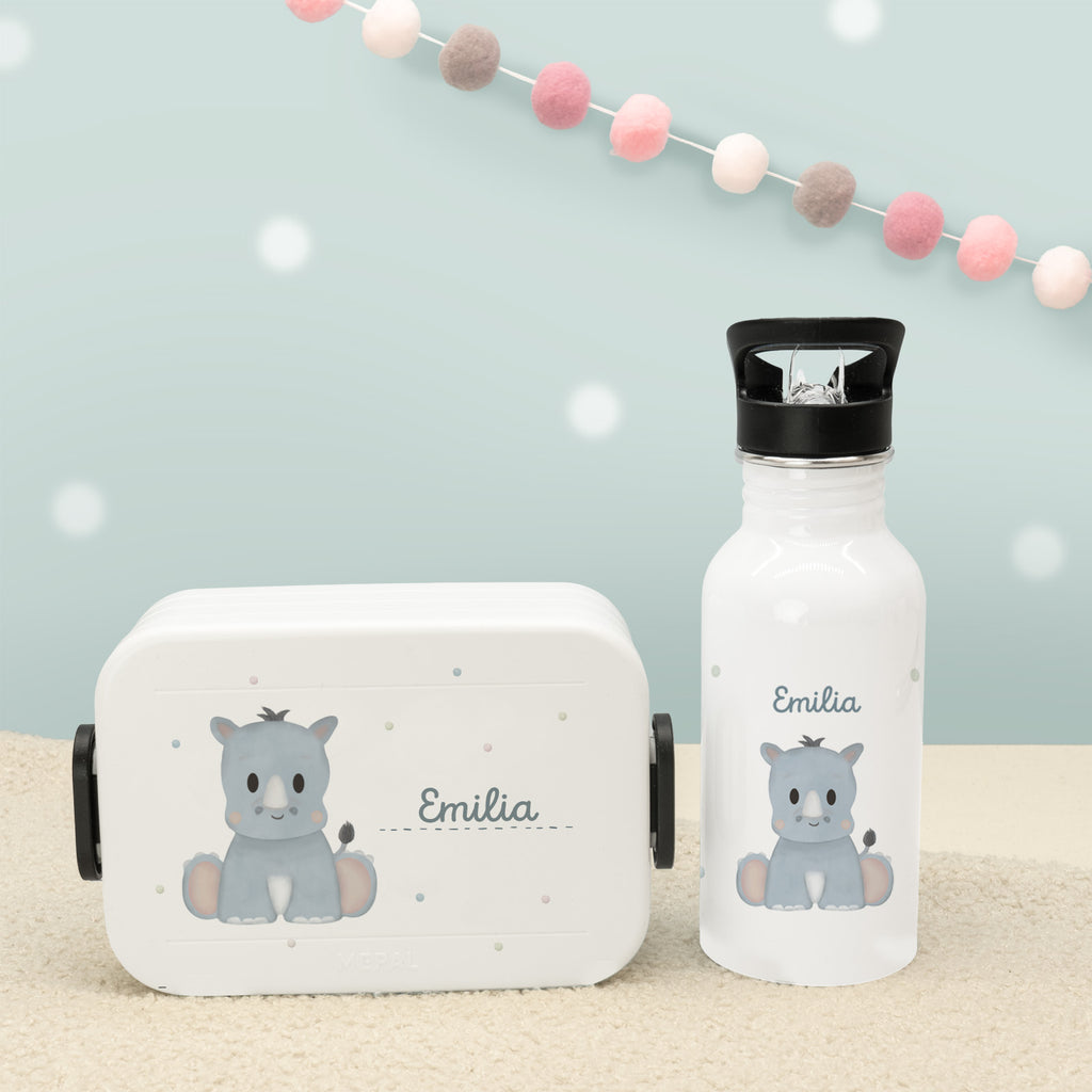Set Personalisierte Mepal-Lunchbox & Trinkflasche mit Trinkhalm "Nashorn"