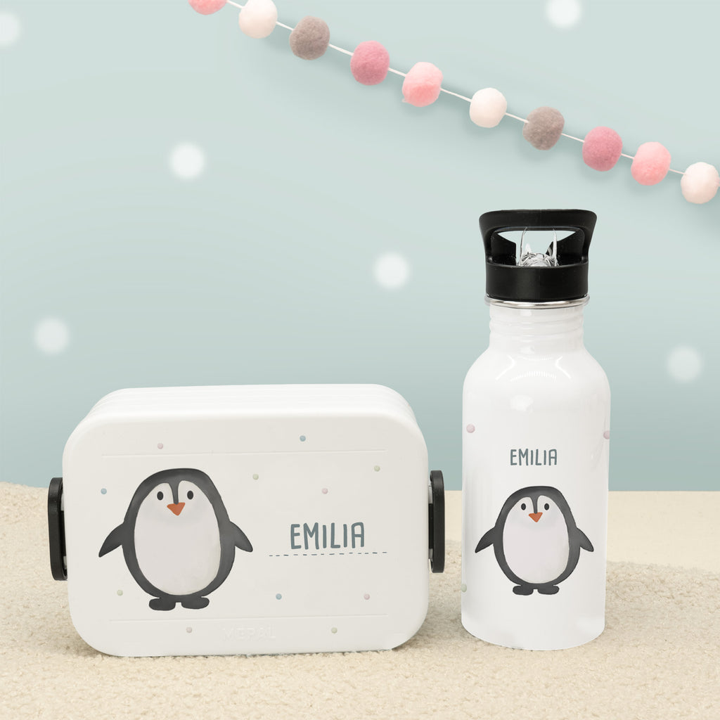 Set Personalisierte Mepal-Lunchbox & Trinkflasche mit Trinkhalm "Pinguin"