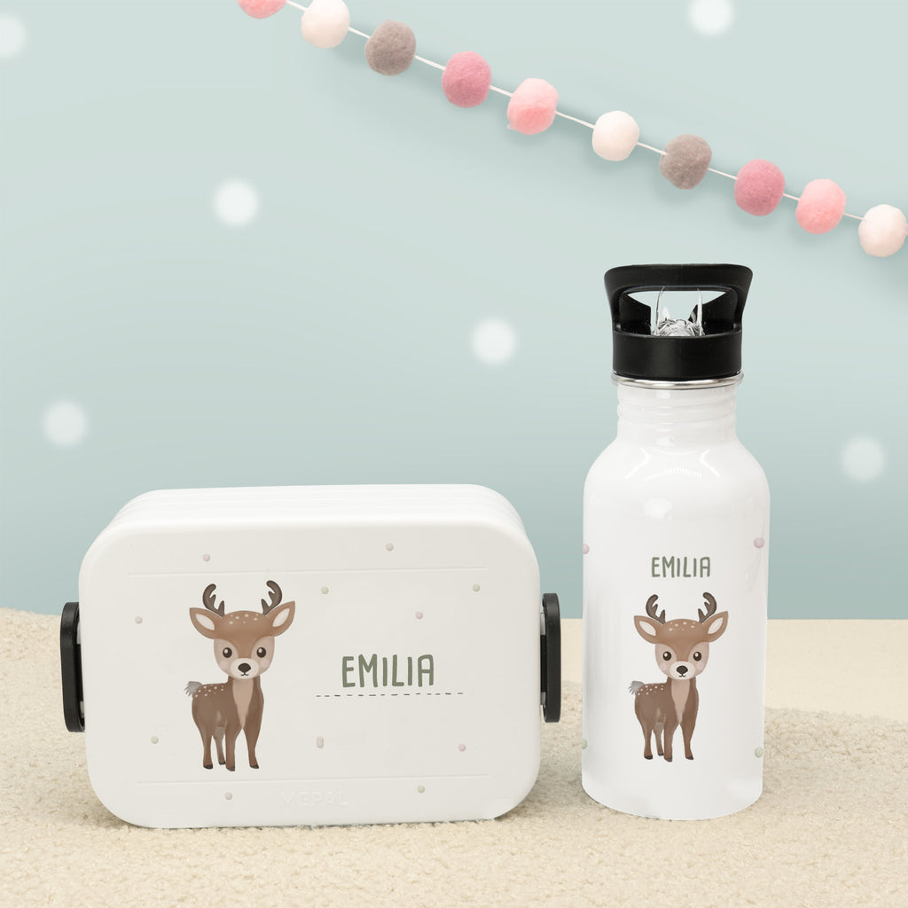 Set Personalisierte Mepal-Lunchbox & Trinkflasche mit Trinkhalm "Reh"