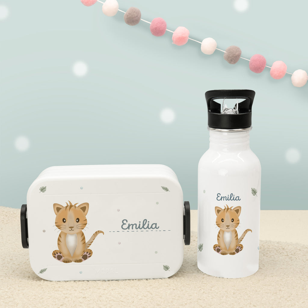 Set Personalisierte Mepal-Lunchbox & Trinkflasche mit Trinkhalm "Tiger"