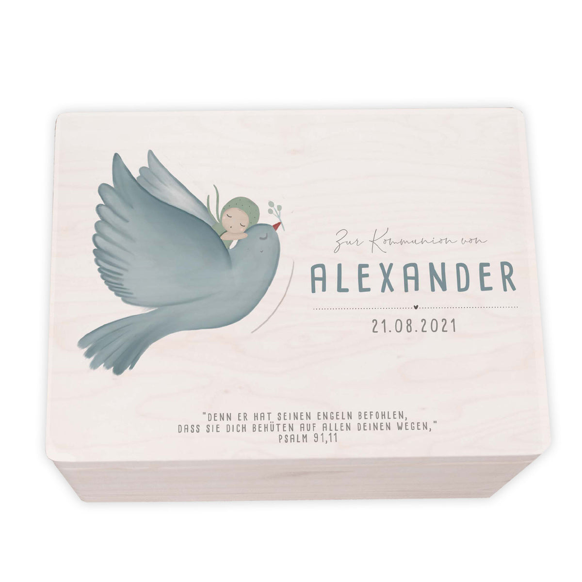 Erinnerungskiste zur Kommunion „Taube mit Kind“ Aquarell personalisiert Druck