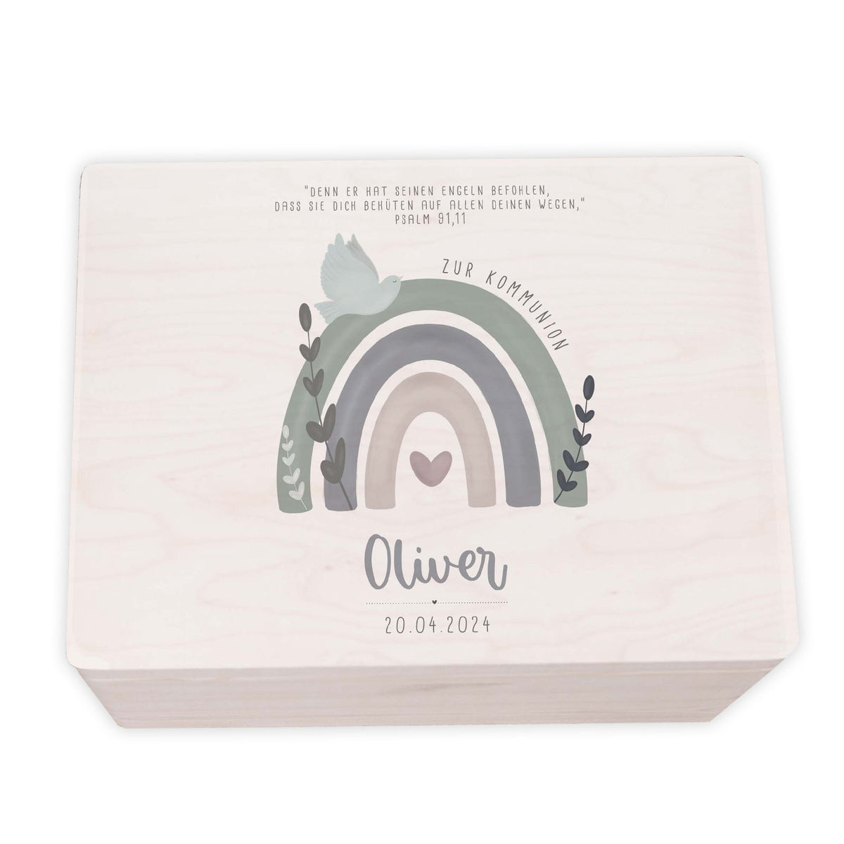 Erinnerungsbox Geschenk zur Kommunion "Regenbogen mit Taube" Aquarell