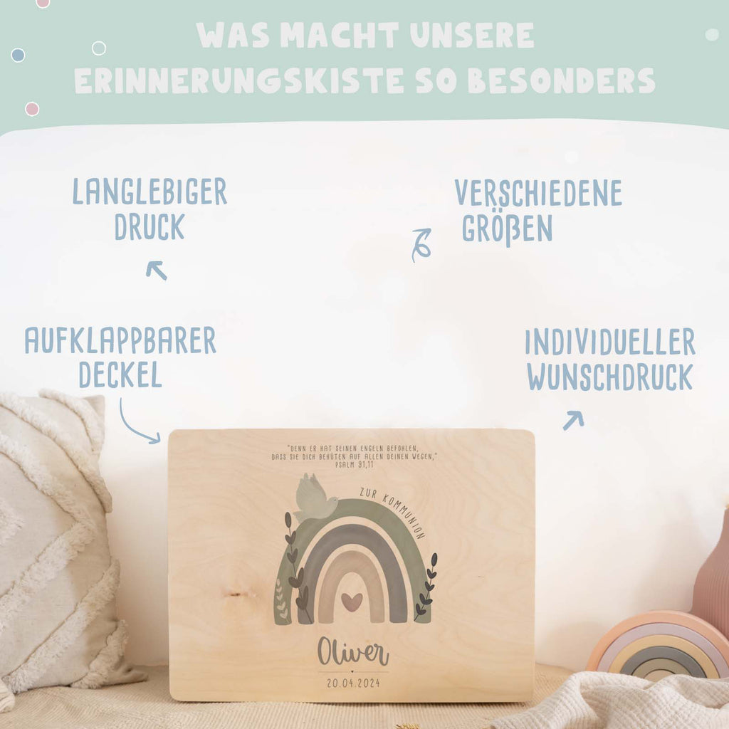 Erinnerungsbox Geschenk zur Kommunion "Regenbogen mit Taube" Aquarell
