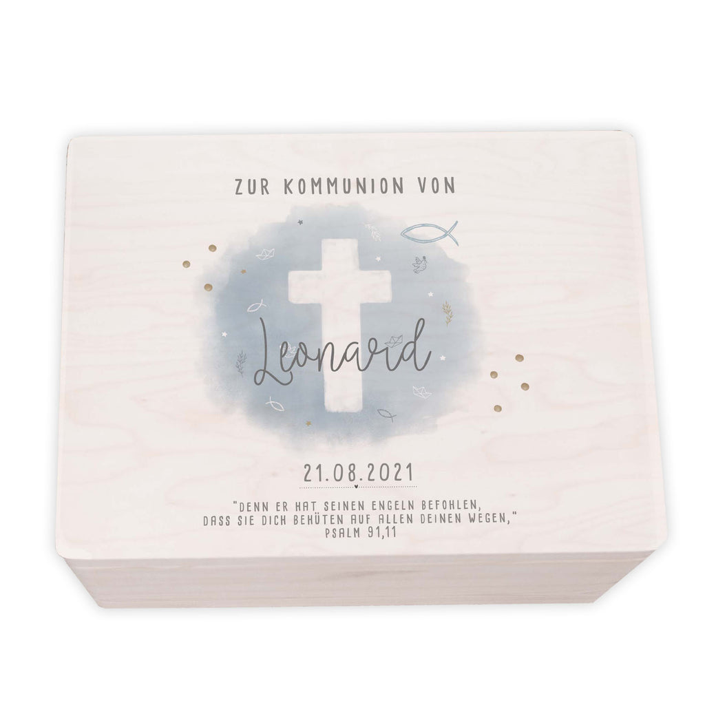Erinnerungsbox Geschenk zur Kommunion "Kreuz Blau" Aquarell