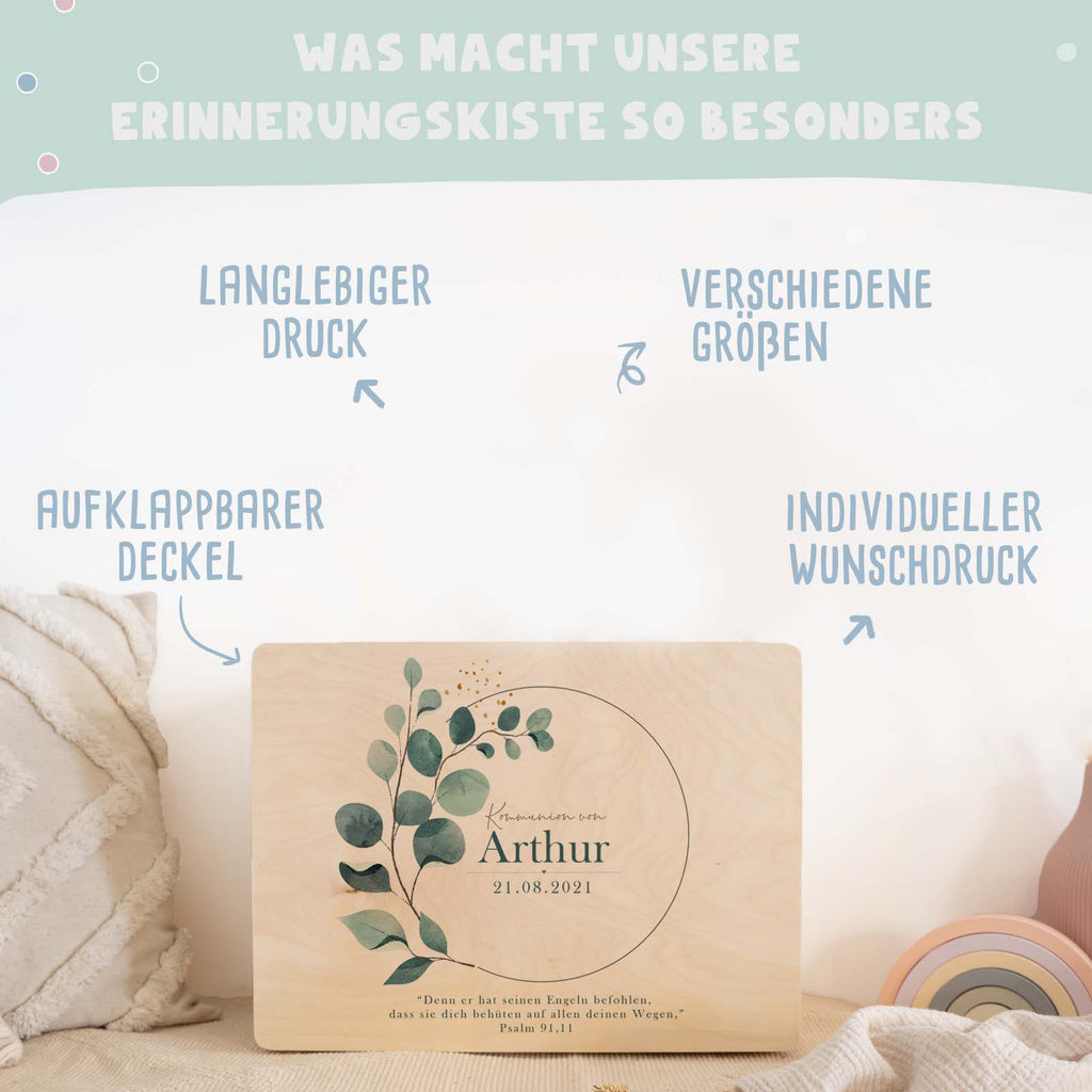 Erinnerungsbox Geschenk zur Kommunion "Eukalyptus" Aquarell