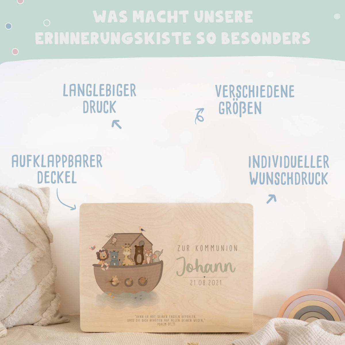 Erinnerungsbox Geschenk zur Kommunion "Arche Noah" Aquarell