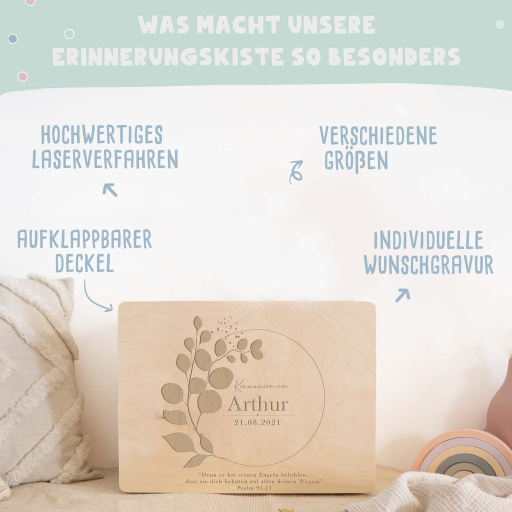 Erinnerungsbox Geschenk zur Kommunion "Eukalyptus" Gravur