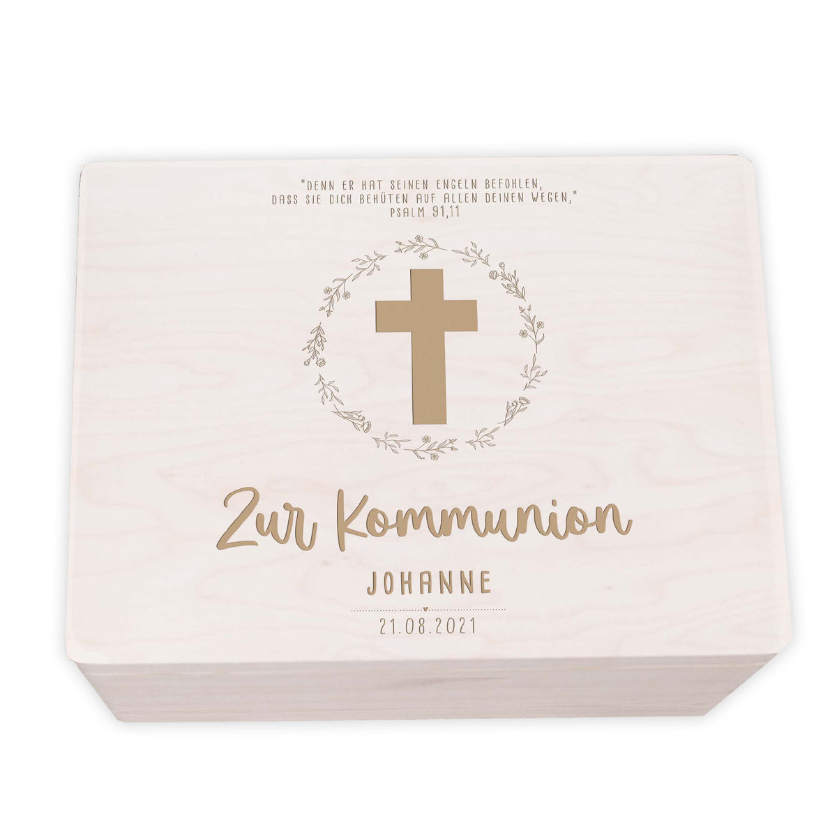 Erinnerungsbox Geschenk zur Kommunion "Kreuz mit Blumen" Gravur