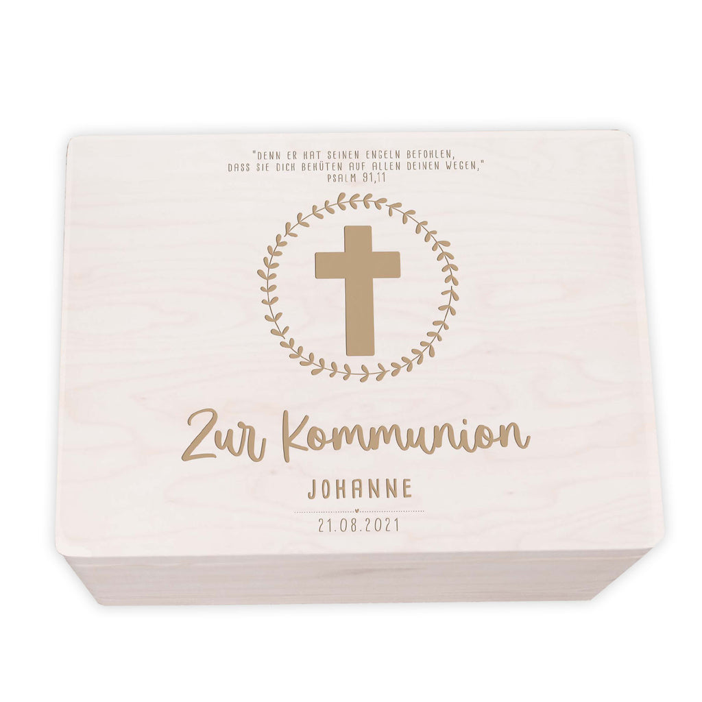 Erinnerungsbox Geschenk zur Kommunion "Kreuz mit Kranz" Gravur