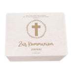 Erinnerungsbox Geschenk zur Kommunion "Kreuz mit Kranz" Gravur
