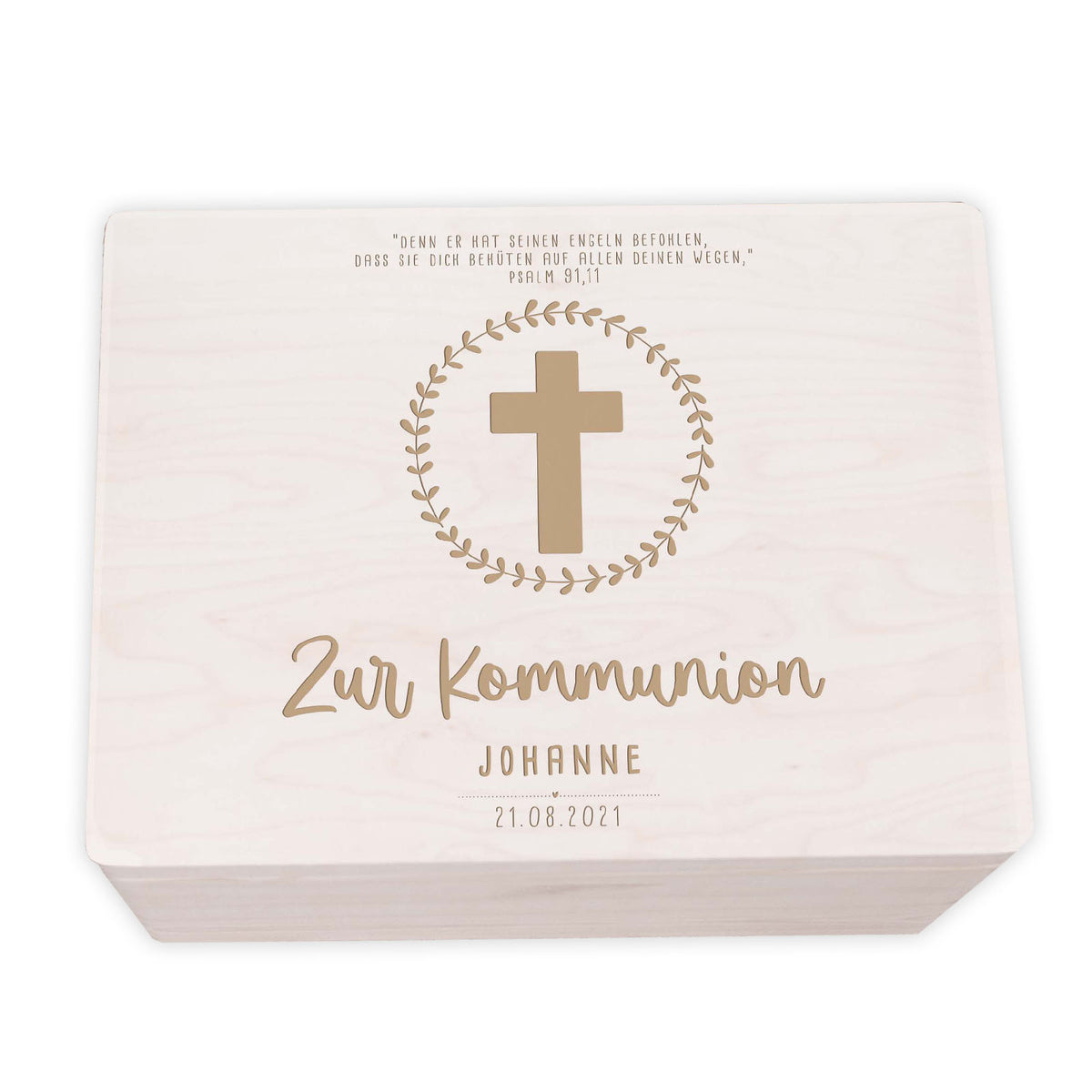 Erinnerungsbox Geschenk zur Kommunion "Kreuz mit Kranz" Gravur