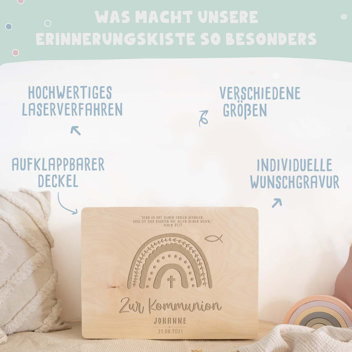 Erinnerungsbox Geschenk zur Kommunion "Regenbogen" Gravur