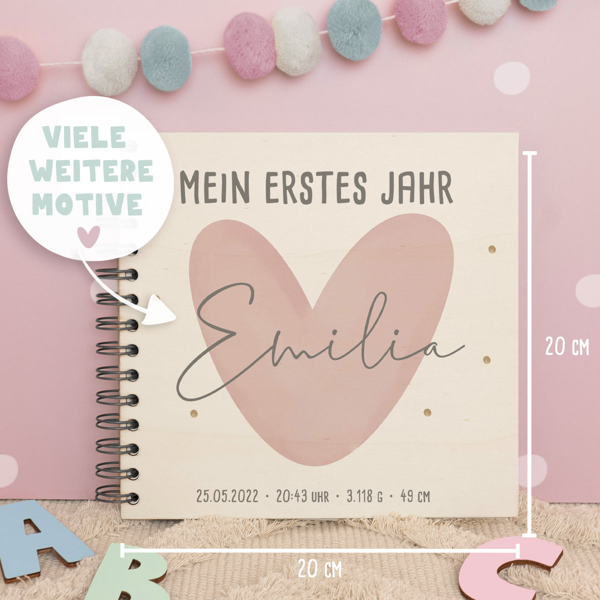 Personalisiertes Babybuch bunt bedruckt "Rosa Herz"