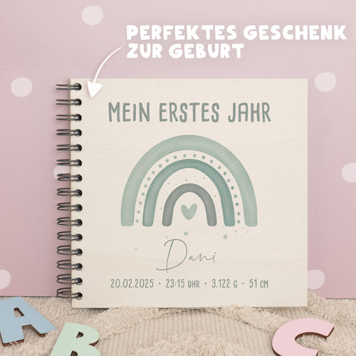 Babybuch bunt bedruckt „Regenbogen“ personalisiert Druck