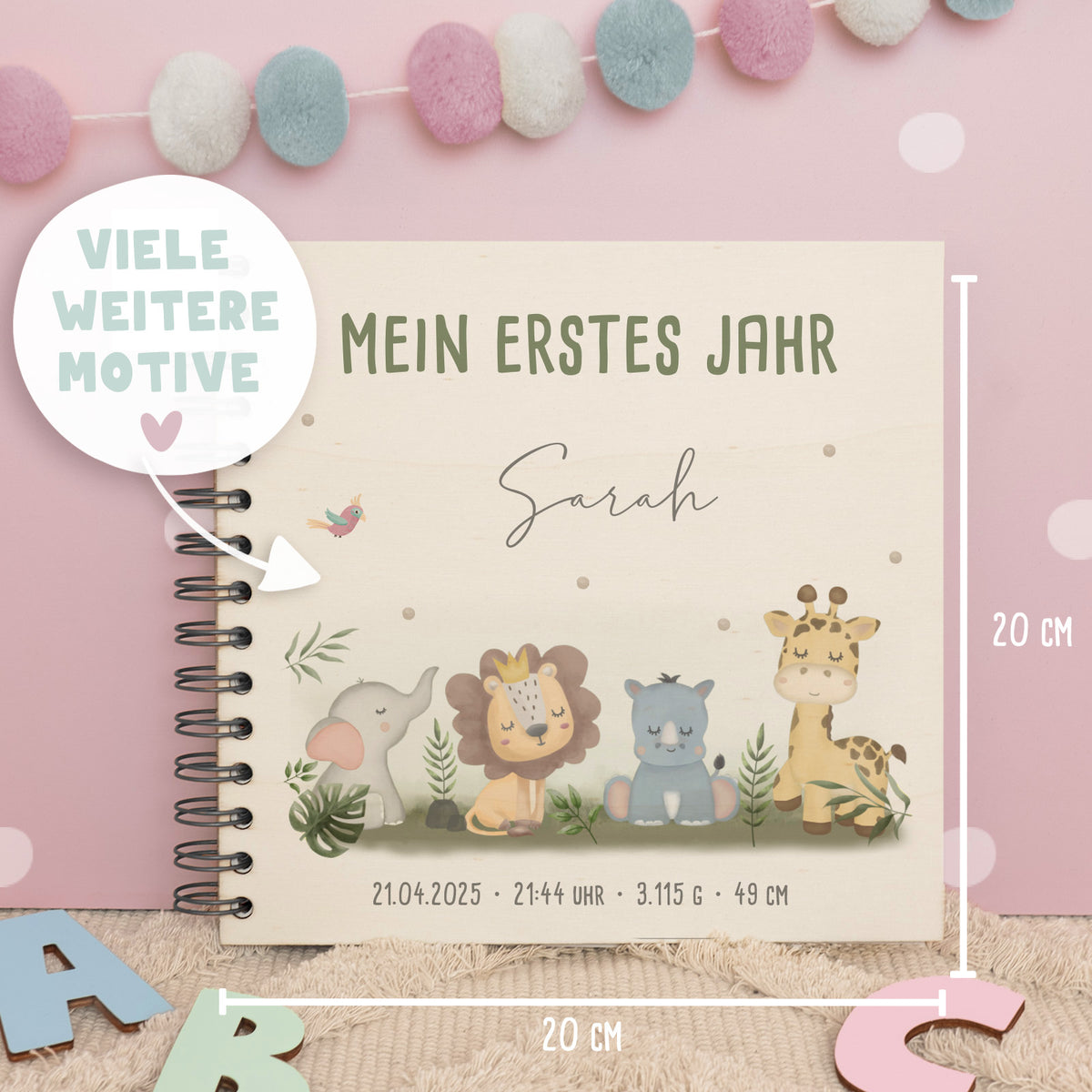 Personalisiertes Babybuch bunt bedruckt "Safari"