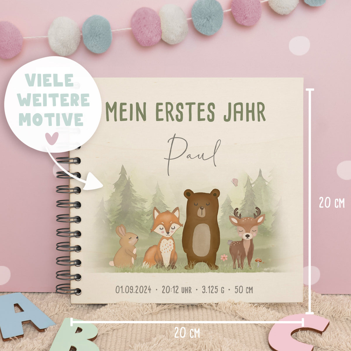 Personalisiertes Babybuch bunt bedruckt "Waldtiere"