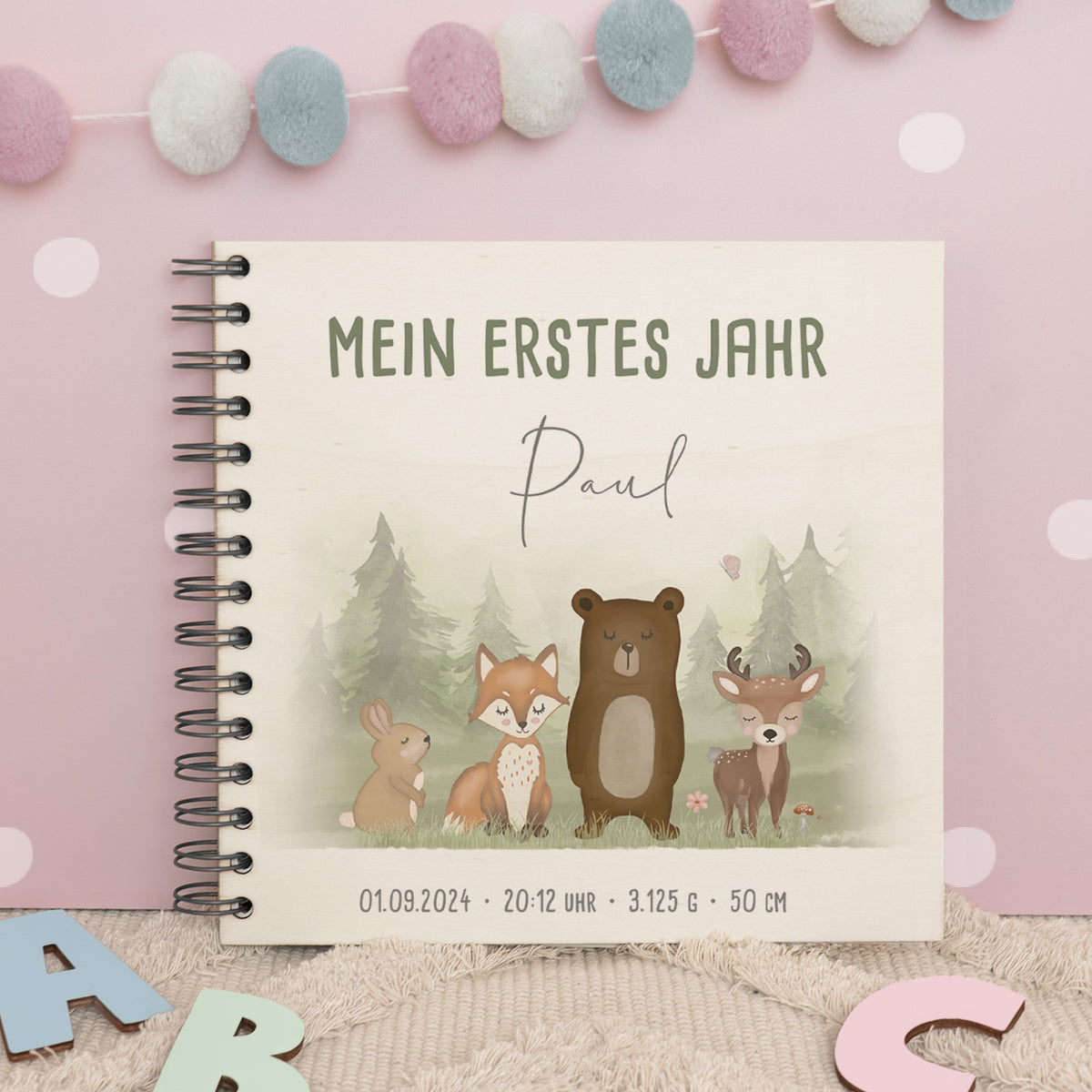 Personalisiertes Babybuch bunt bedruckt "Waldtiere"
