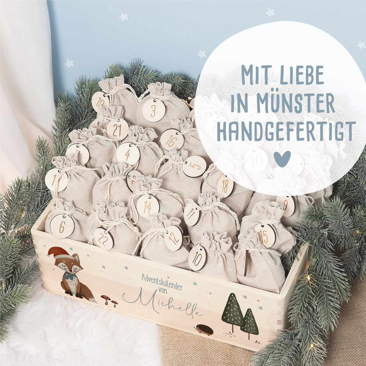 Aquarell-Adventskiste "Fuchs", Adventskalender zum Befüllen