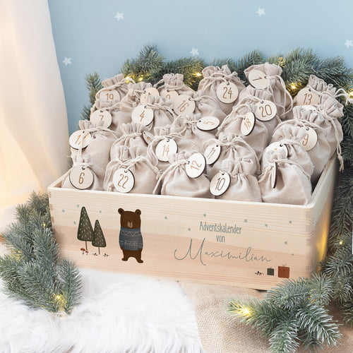 Aquarell-Adventskiste "Bär", Adventskalender zum Befüllen