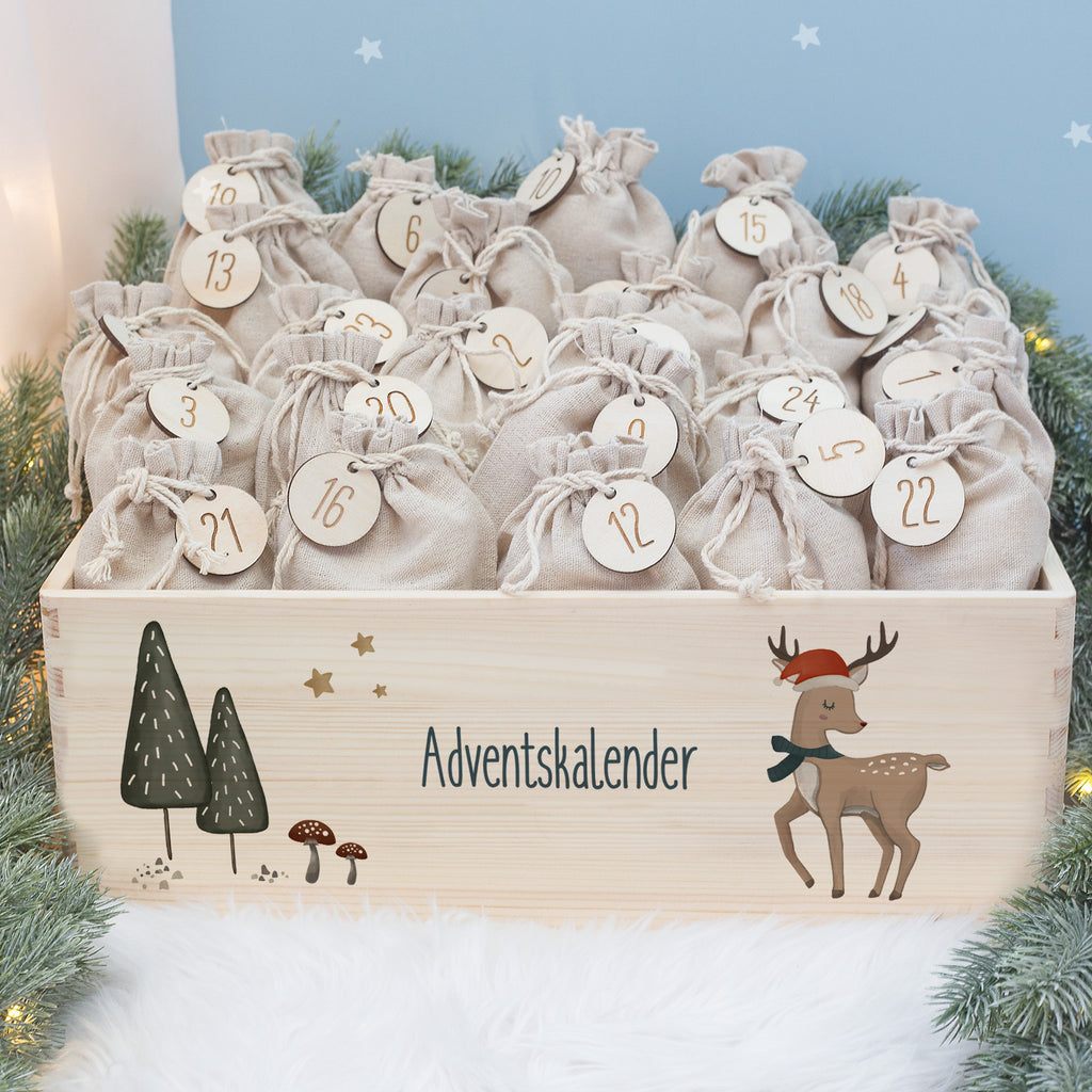 Aquarell-Adventskiste "Reh", Adventskalender zum Befüllen