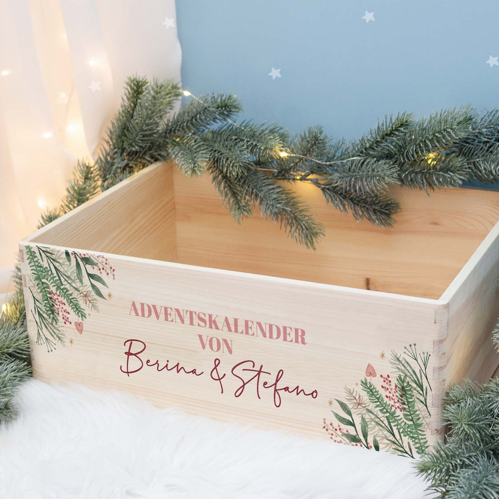 Aquarell-Adventskiste für Paare "Zweige in den Ecken", Pärchen-Adventskalender zum Befüllen
