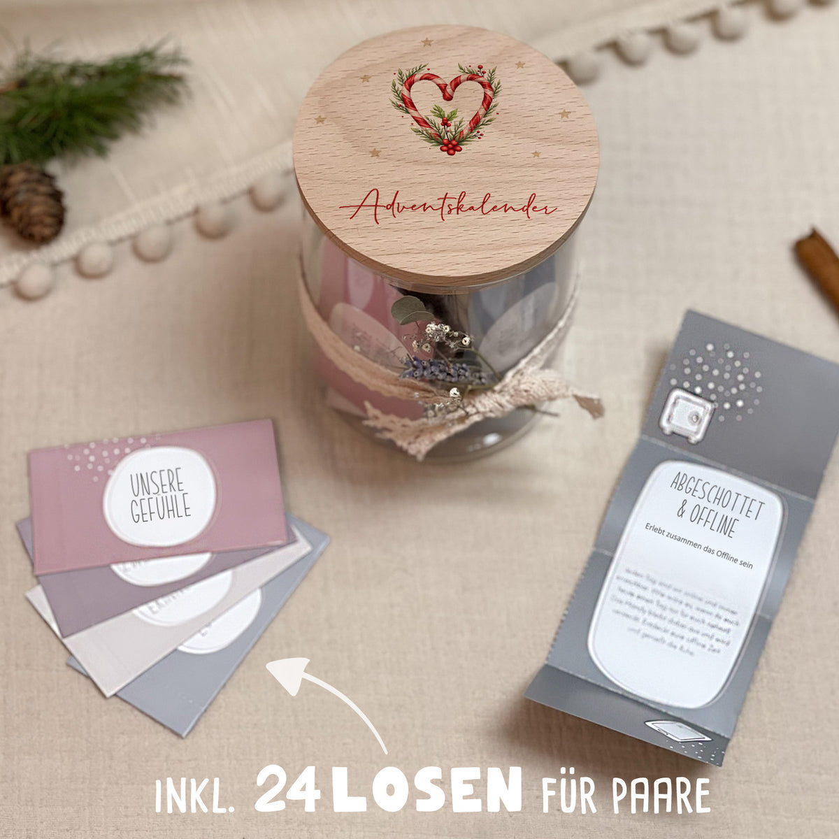 Paar-Adventskalender mit 24 Losen Aquarell "Zuckerstangenherz" Unpersonalisiert