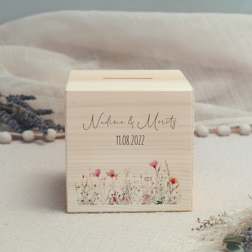 Spardose Würfel zur Hochzeit "Blumenwiese Hochzeit"