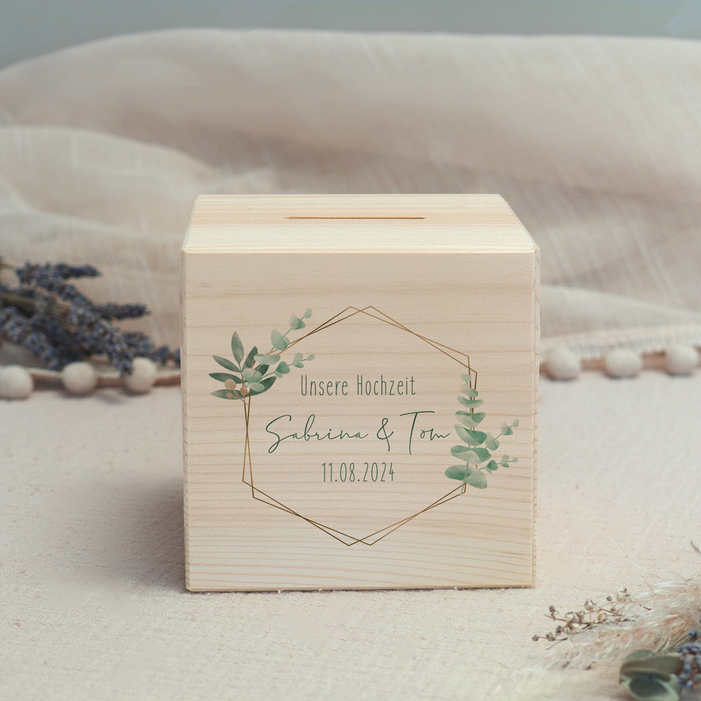 Spardose Würfel zur Hochzeit "Eukalyptus Grafisch"