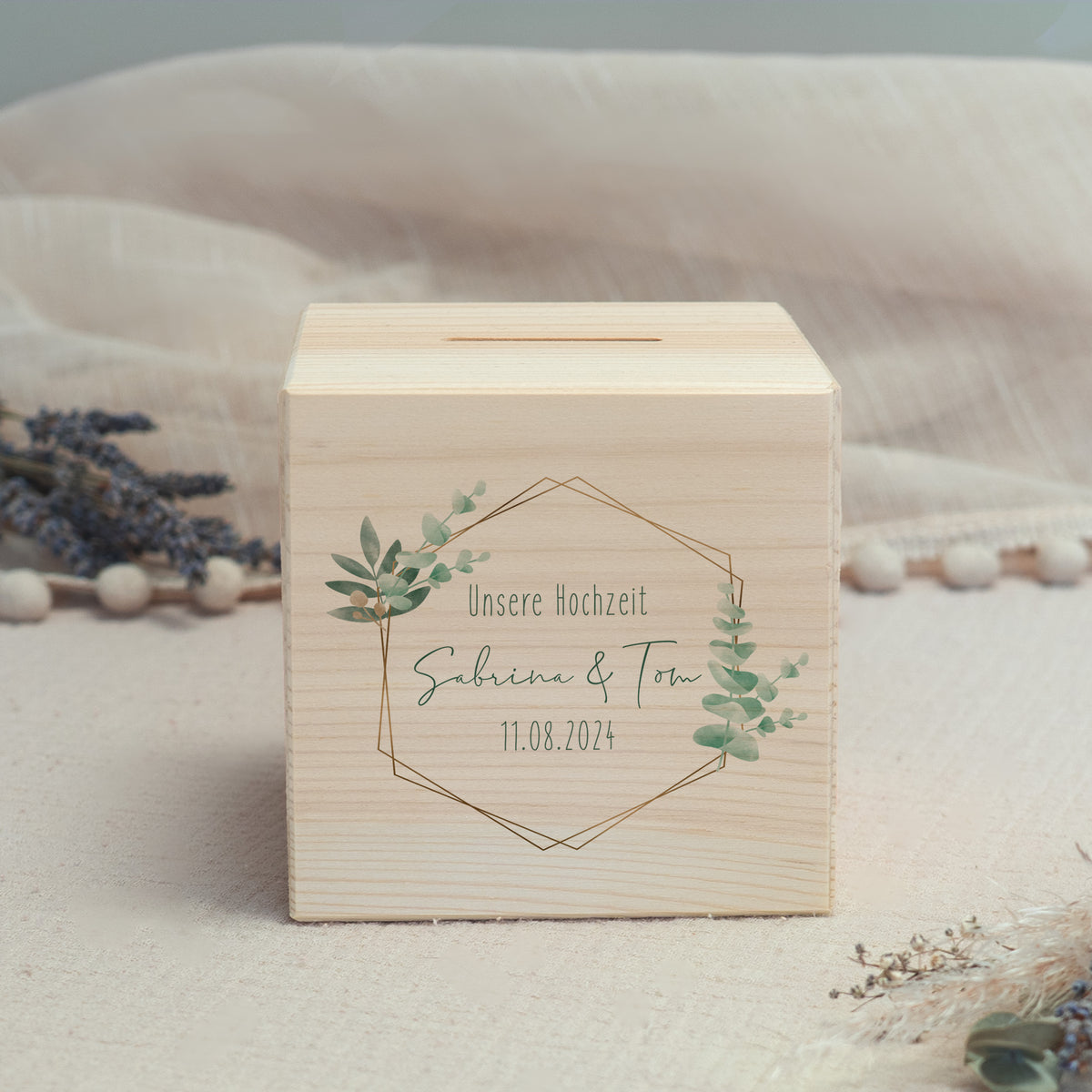 Spardose Würfel zur Hochzeit "Eukalyptus Grafisch"