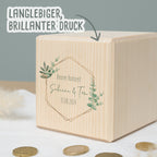 Spardose Würfel zur Hochzeit "Eukalyptus Grafisch"