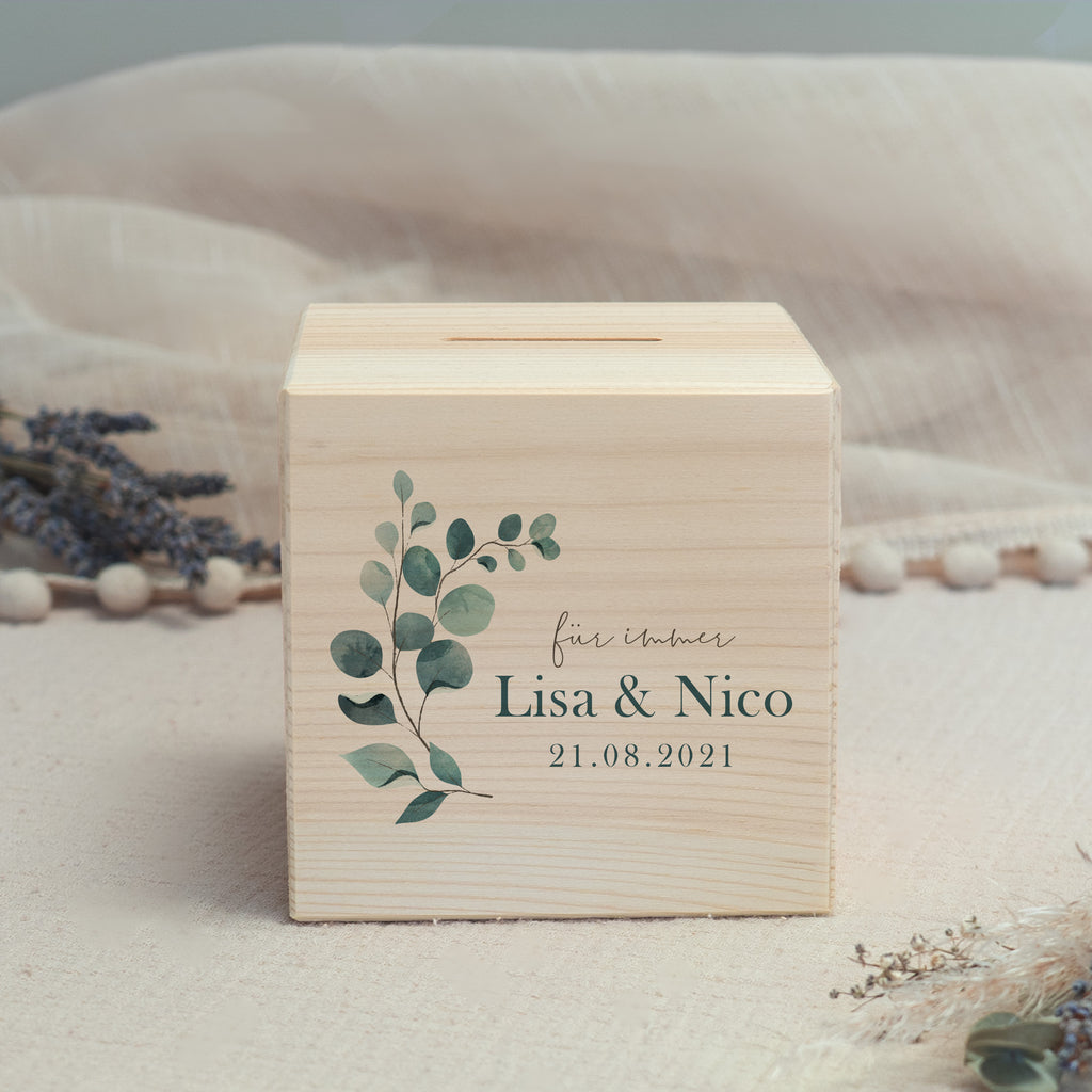 Spardose Würfel zur Hochzeit "Eukalyptus links"