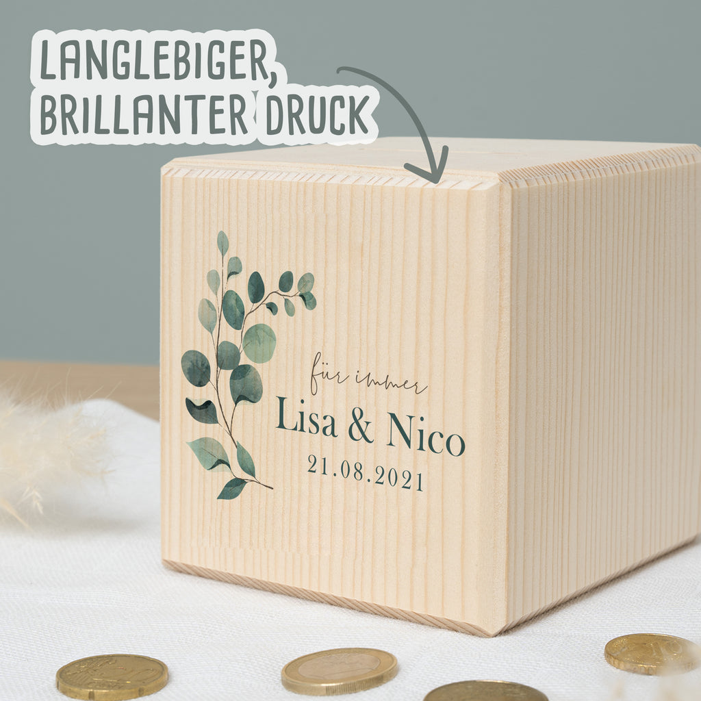 Spardose Würfel zur Hochzeit "Eukalyptus links"
