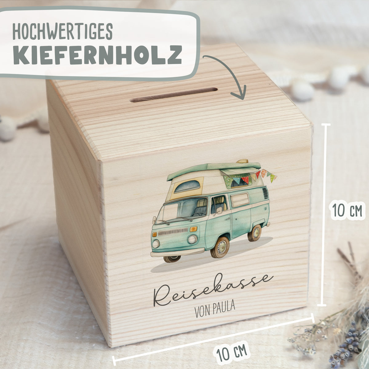 Spardose Würfel "Reisekasse Bulli"