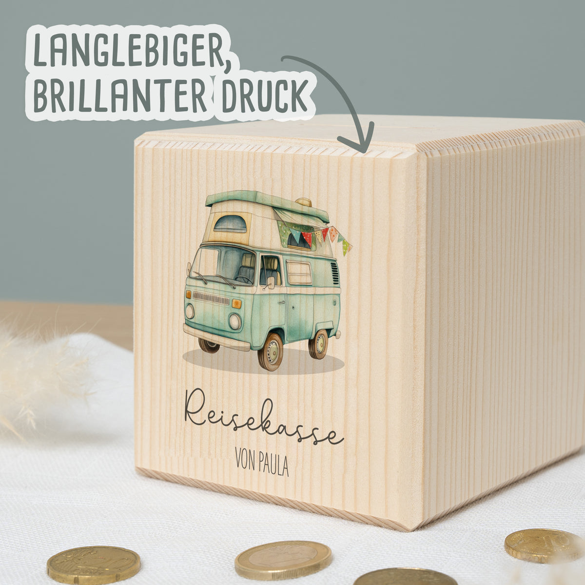Spardose Würfel "Reisekasse Bulli"