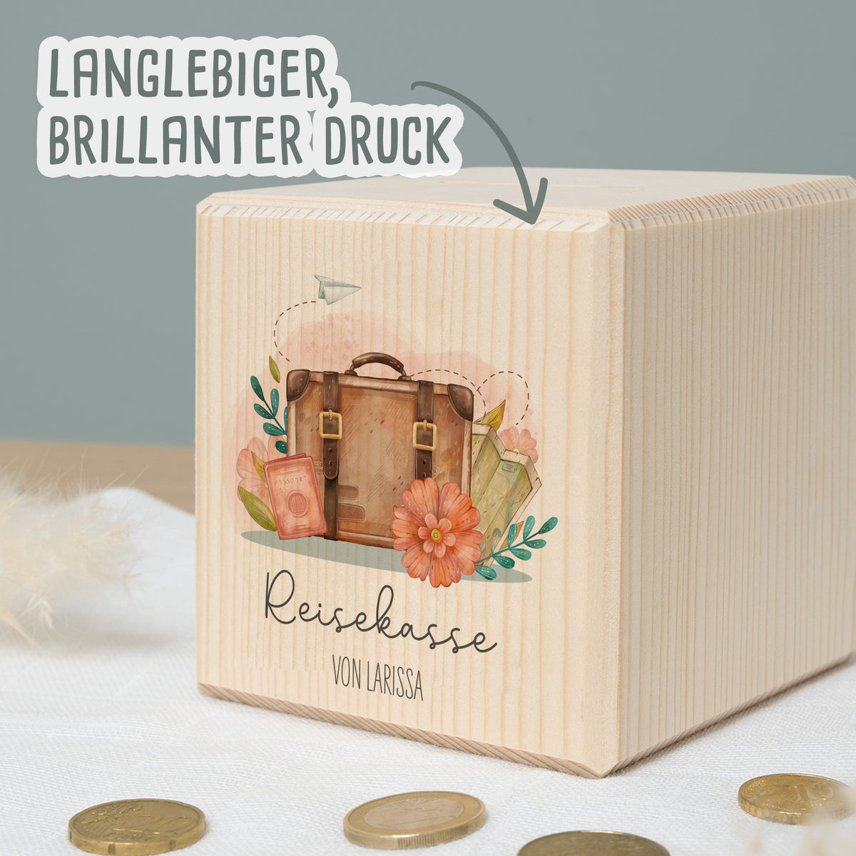 Spardose Würfel "Reisekasse Koffer"