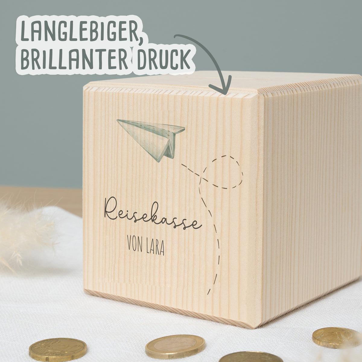Spardose Würfel "Reisekasse Papierflieger"