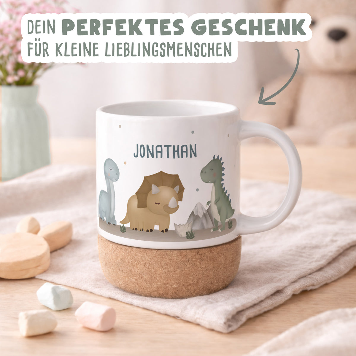 Personalisierte Tasse Korkboden "Dinowelt"