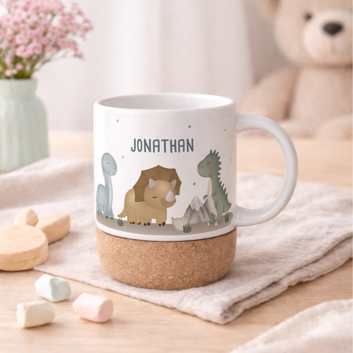 Personalisierte Tasse Korkboden "Dinowelt"