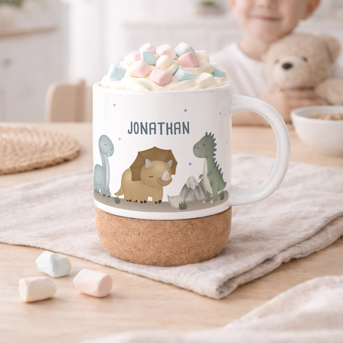 Personalisierte Tasse Korkboden "Dinowelt"