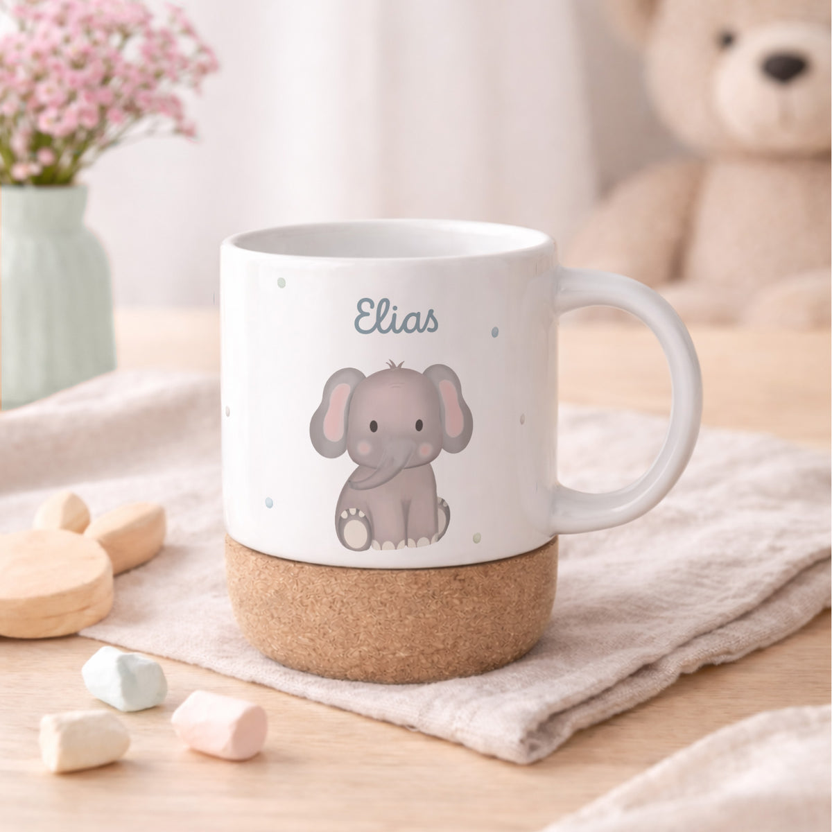 Personalisierte Tasse Korkboden "Elefant"