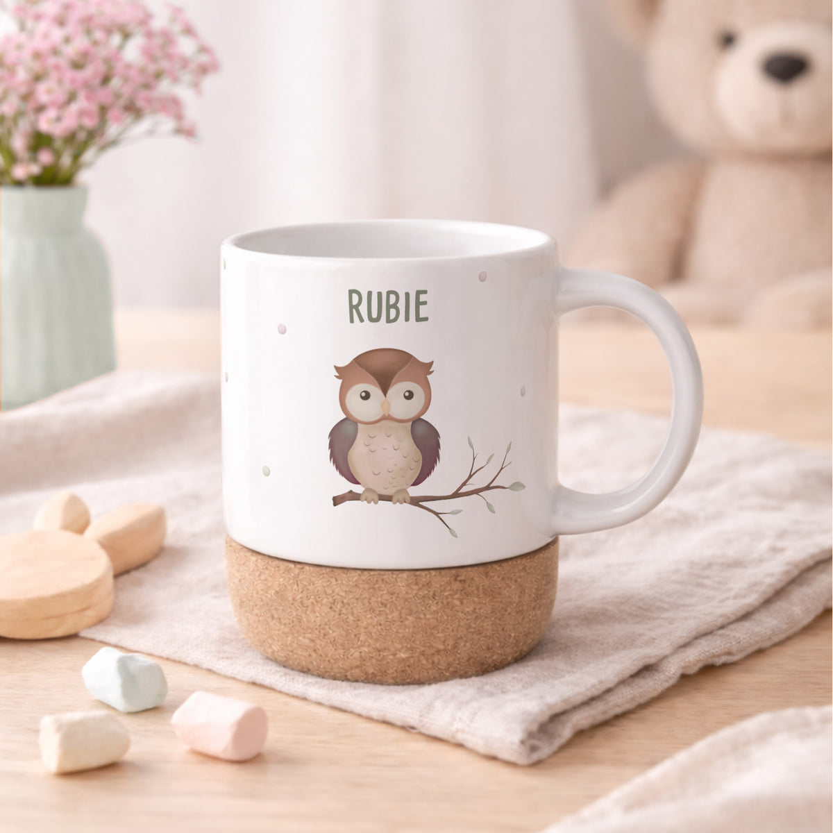 Personalisierte Tasse Korkboden "Eule"