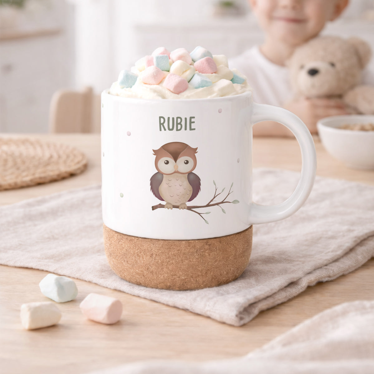 Personalisierte Tasse Korkboden "Eule"