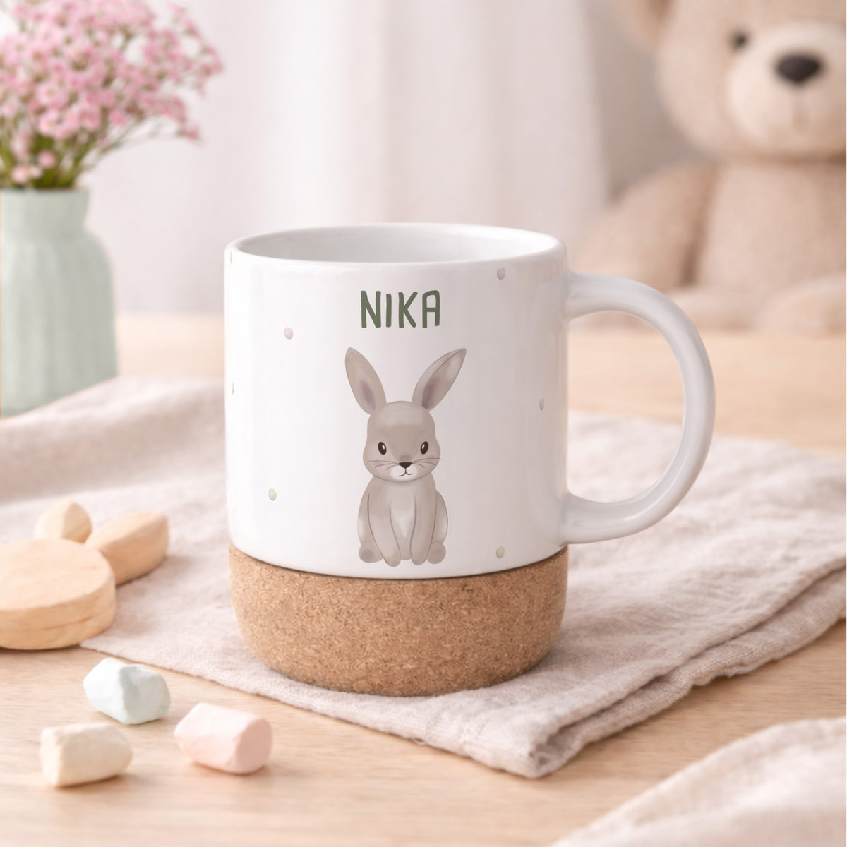 Personalisierte Tasse Korkboden "Hase"