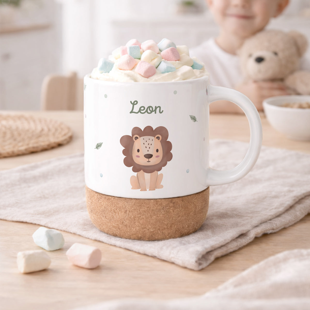 Personalisierte Tasse Korkboden "Löwe"